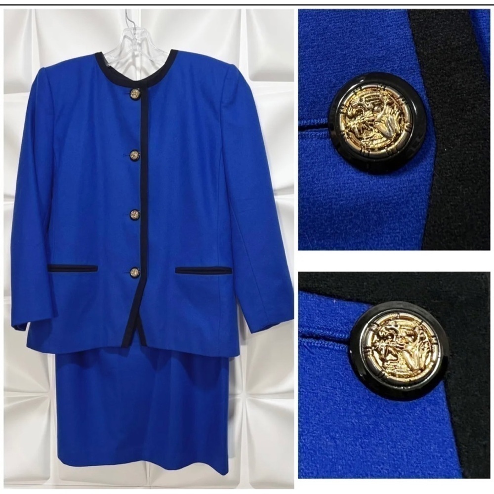 Le Suit Women Sz 14P Blue Black Wool Jacket Skirt Suit 2pc Set Gold Crest Button
